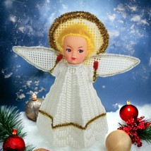 Vtg White Needlepoint ANGEL Small Christmas Tree Topper Blonde Handmade 8” - £22.76 GBP