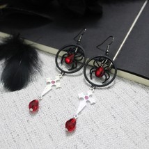 Halloween Cross Spider Dangle Earrings Women Black Gold Color Red Drop Crystal E - £14.46 GBP