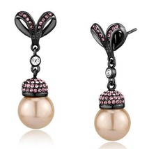 Gunmetal Plated Stainless Steel Pink Crystal Imitation Peach Pearl Dangle Ear... - £15.94 GBP