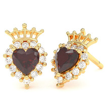 Garnet Diamond Claddagh Motive Stud Earrings in 14k Yellow Gold - £328.73 GBP