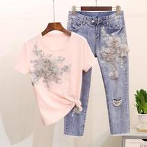 Heavy Work Embroidery Flower Tshirts + Jeans Women Summer - £66.86 GBP