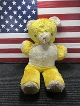 Vintage Teddy Bear with Bow Googly Eyes 26&quot; H Yellow With White Patch Stiff - £20.35 GBP