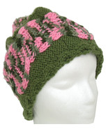 Green hand knit hat with pink-green cable - $25.00