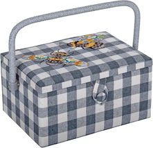 Hobby Gift Medium Sewing Craft Hobby Storage Box, Embroidered Grey Gingham Bees - £30.04 GBP+