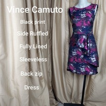 Vince Camuto Black Print Side Ruffled Detail Back Zip Dress Size 2 - £15.98 GBP