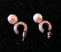 Vintage 1980&#39;s SilverTone, crystal, faux pearl huggie hoop Pierced Earrings VG+ - £35.65 GBP