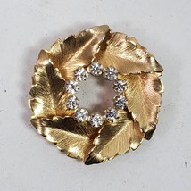 Vintage Leaf Circle w/ Rhinestones Brooch Pin 1.5 Inch Gold Tone - €6,13 EUR