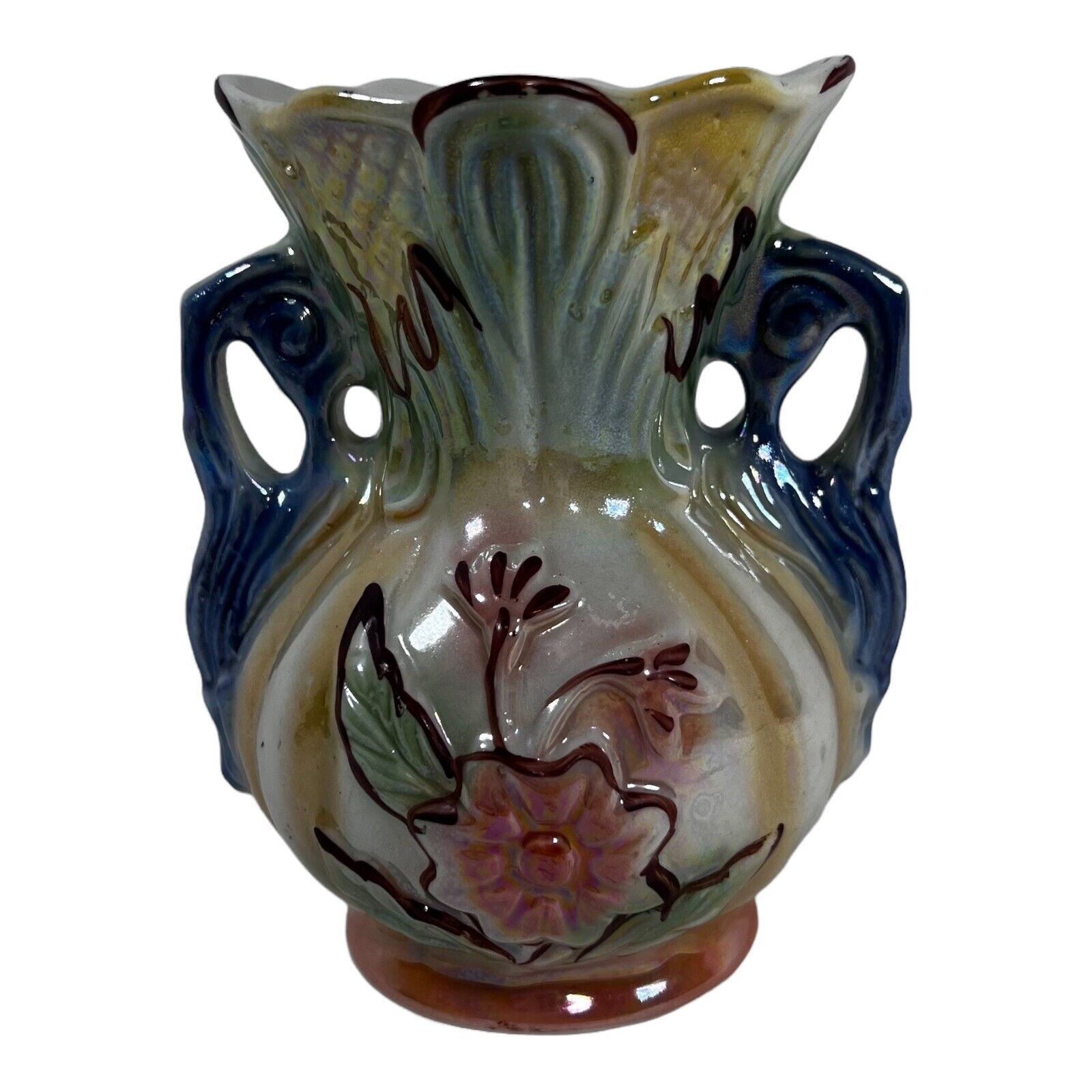 Brazil Lusterware Bud Vase 7.5"  Floral Opalescent Pearlized Glaze w/  Handles - $18.69