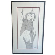 Vintage Milton Davis Los Angeles Listed Artist Ink Drawing Girl 1987 Framed 32&quot; - £349.64 GBP