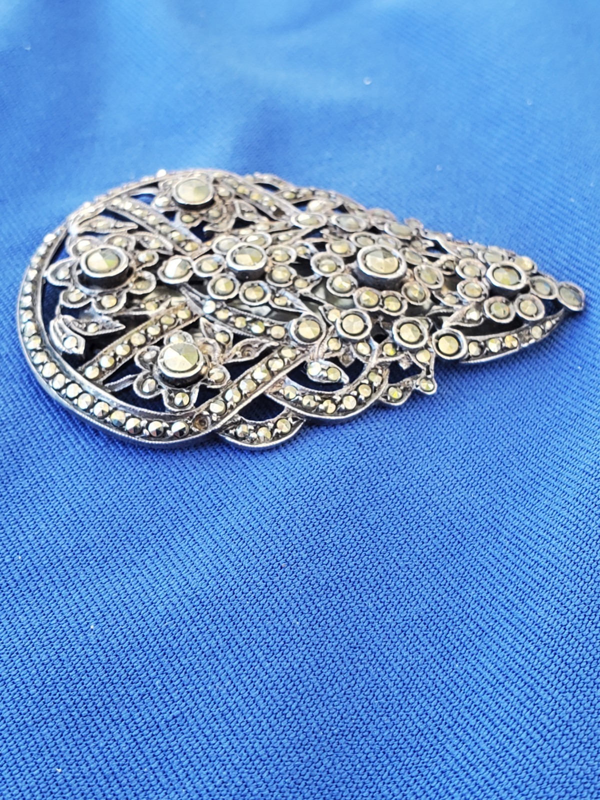 Vintage Art Deco Sterling Silver 935 Diamond Cut Marcasite Large Pin Brooch Clip Item image 7