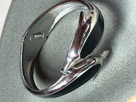 Black Enamel &amp; Silvertone Two Dolphins Hinged Bangle Bracelet – 2 and 3/8th’s in - £11.76 GBP