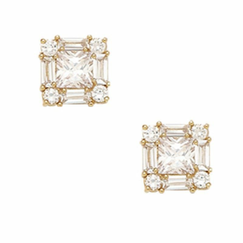 Primary image for 14K Solid Yellow Gold 7MM Square Cut Prong Set Cubic Zircon Studs ER-PE1