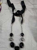 Black Ribbon Tie Silver &amp; Black  Beaded Strand Statement Necklace 24&quot; Vi... - $374.96 MXN