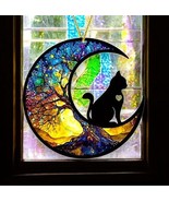 &quot;Cat and Crescent Moon Sun Catcher - Enchanting Night Scene Window Decor - $22.76