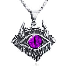 Mens Baphomet Purple Skull Evil Eye Pendant Necklace Punk Rock Jewelry Chain 24&quot; - £12.65 GBP