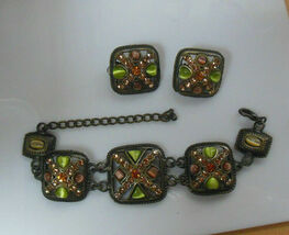 vintage rhinestone &amp; moonstone square panel bracelet and matching clip e... - $57.00