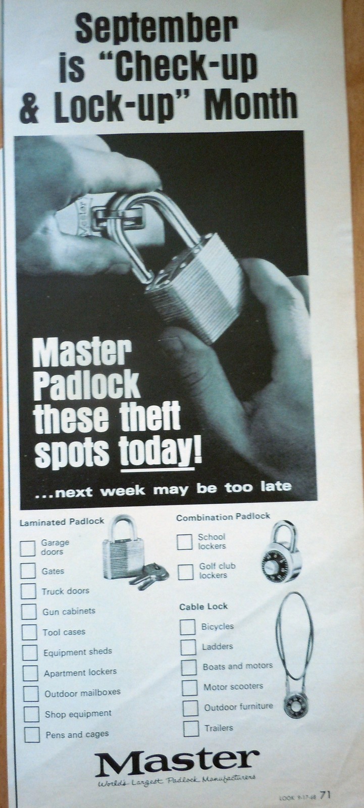 Master Padlock Sept Is Check Up &amp; Lock Up Month Magazine Advertisement 1968 - $2.99