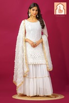 White Georgette Sharara Set with Sequence Work - Designer Top Plazzo and... - $55.00