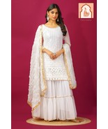 White Georgette Sharara Set with Sequence Work - Designer Top Plazzo and... - $55.00