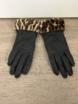 Black Leather and Leopard Faux-Fur Gloves - Unbranded - Fit like Size 7 - £15.99 GBP