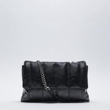  black leather stripe quilted shoulder bag for women za brand design female metal chain thumb200
