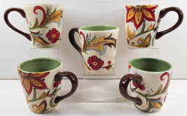 5) Pier 1 Carynthum Mugs Set Floral Red Green Yellow Drink Handle Coffee... - $78.87