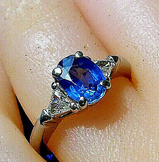 Earth mined Sapphire Diamond Deco Engagement Statement Ring Platinum Solitaire Item image 11
