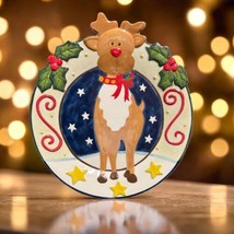 THE CELLAR 3D Reindeer Plate Rudolph Embossed Holly Berries Cookie Dessert Dish - £11.48 GBP