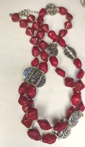 VTG Premier Designs Necklace Red Howlite Silver Beads Southwest Western Stone38&quot; - £27.28 GBP