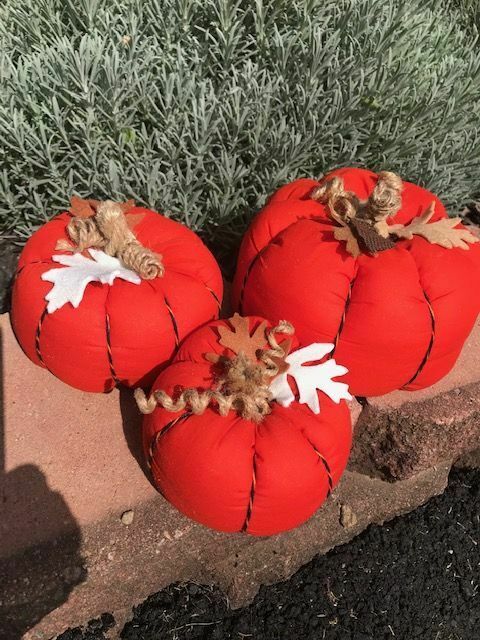 THREE (3)  HANDMADE ORANGE CLOTH PUMPKINS - $18.00