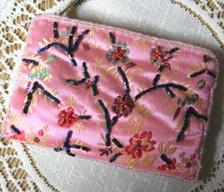 Pink Silk Floral Beaded Coin Purse, Pouch - $9.00