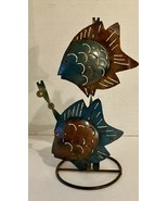 Vintage Metal Sculpture Fish Candle Holder 14 Inches Tall Blue &amp; Bronze ... - $14.96