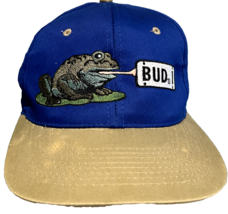 Vintage BUD 1 Frog Patch Snapback Hat 1995 Blue Licensed Anheuser-Busch (D8) - £18.73 GBP