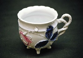 Old Vintage Porcelain 4 Footed Cup Knotted Handle Pink Floral Cobalt Blue Leaves - £7.94 GBP