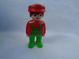 Vintage 1990 Playmobil Green Overalls Red Shirt &amp; Cap Farmer Boy Figure - $2.51