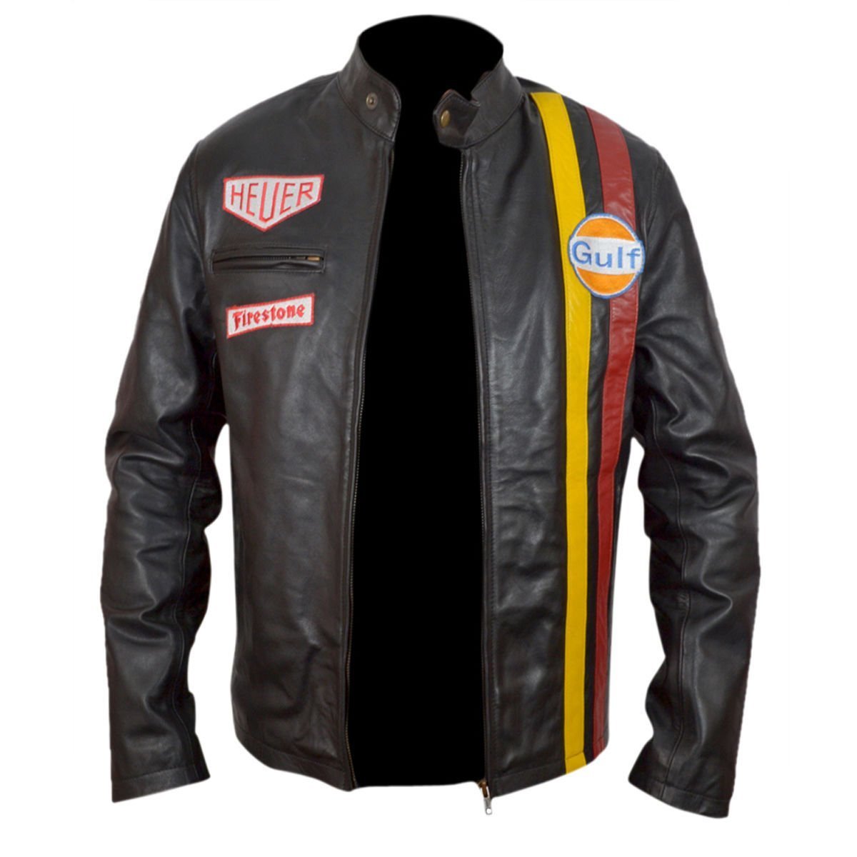 Steve McQueen grand Prix gulf leather jacket, Men's Black Biker Leather Jacket
