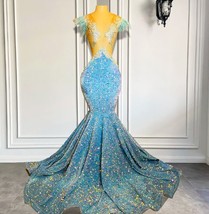 Blue Elegant Prom Dresses for Women Sparkly Feather Evening Formal Gown ... - $199.00