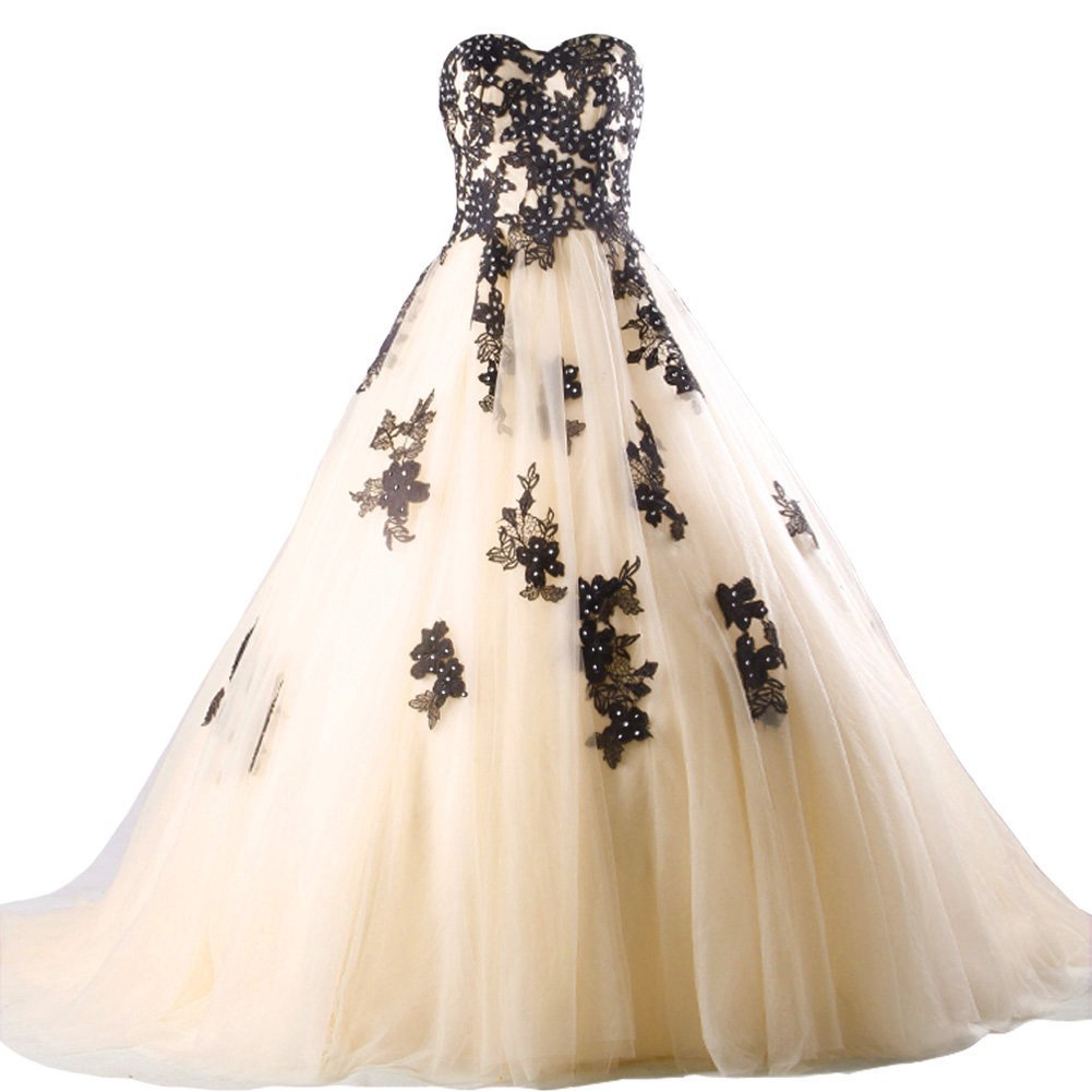 Beaded Black Lace Long A Line Tulle Gothic Prom Wedding Dresses Plus Size Champa