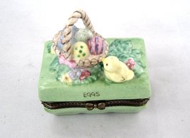 Porcelain Hinged Trinket Box Easter Egg Carton With Eggs Basket and Baby Chick  - £58.98 GBP