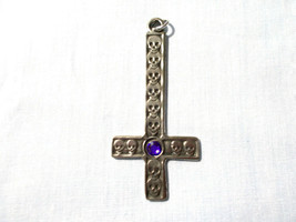 Pewter Satanic Inverted Cross with Skulls Purple Crystal 3&quot; Pendant Necklace - £7.98 GBP