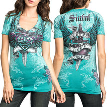 Sinful Lustful Heart Dagger Angel Wings Roses Women V-Neck T-Shirt Blue ... - $56.84