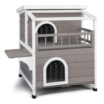 2 Story Wooden Cat Condo w/ Balcony Pet House Enclosure Shelter Indoor/Outdoor - £91.40 GBP
