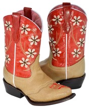 Girls Red Sand Flower Embroidered Cowgirl Leather Boots Kids Snip Toe - £41.60 GBP