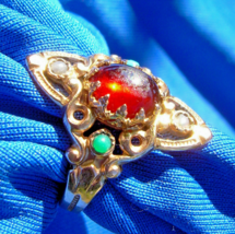 Art Nuoveau Garnet Pearl Turquoise Ring Antique Victorian 14k Gold Deco Setting - $2,750.25