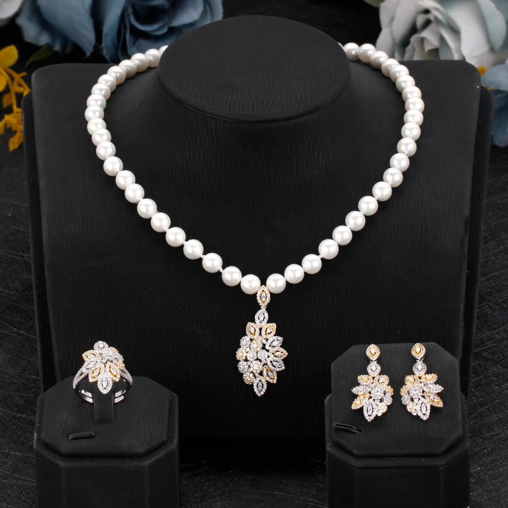 Luxury Pearl Pendant Sets for Women Jewelry Accessories Cubic Zirconia Bridal Ne - £45.64 GBP