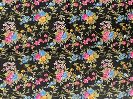 Fabric Remnant Pink &amp; Blue Flowers on Black Cotton Print Jo-Anne Stores 44 x 36&quot; - £11.40 GBP