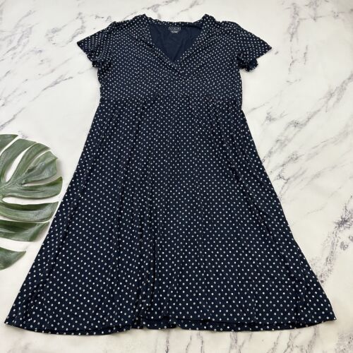 Primary image for LL Bean Womens Faux Wrap Midi Dress Plus Size 1X Navy Blue Circle Dots Stretch
