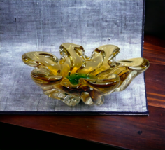 Yellow Green Flower Bowl Murano Art Glass Vintage 9&quot; Free Form MCM Candy... - £109.53 GBP