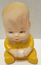 Vintage Rubber Baby Squeaker Toy Yellow Outfit Blue Eyes 4.5 Inches - £23.09 GBP