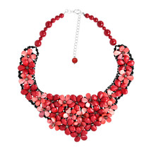 Red Coral Daisy Blossom Handmade Statement Bib Necklace - £41.18 GBP